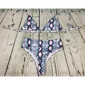 Womens Strap Snakeskin Print Bathing Suit V Neck High Waist Bikini Set